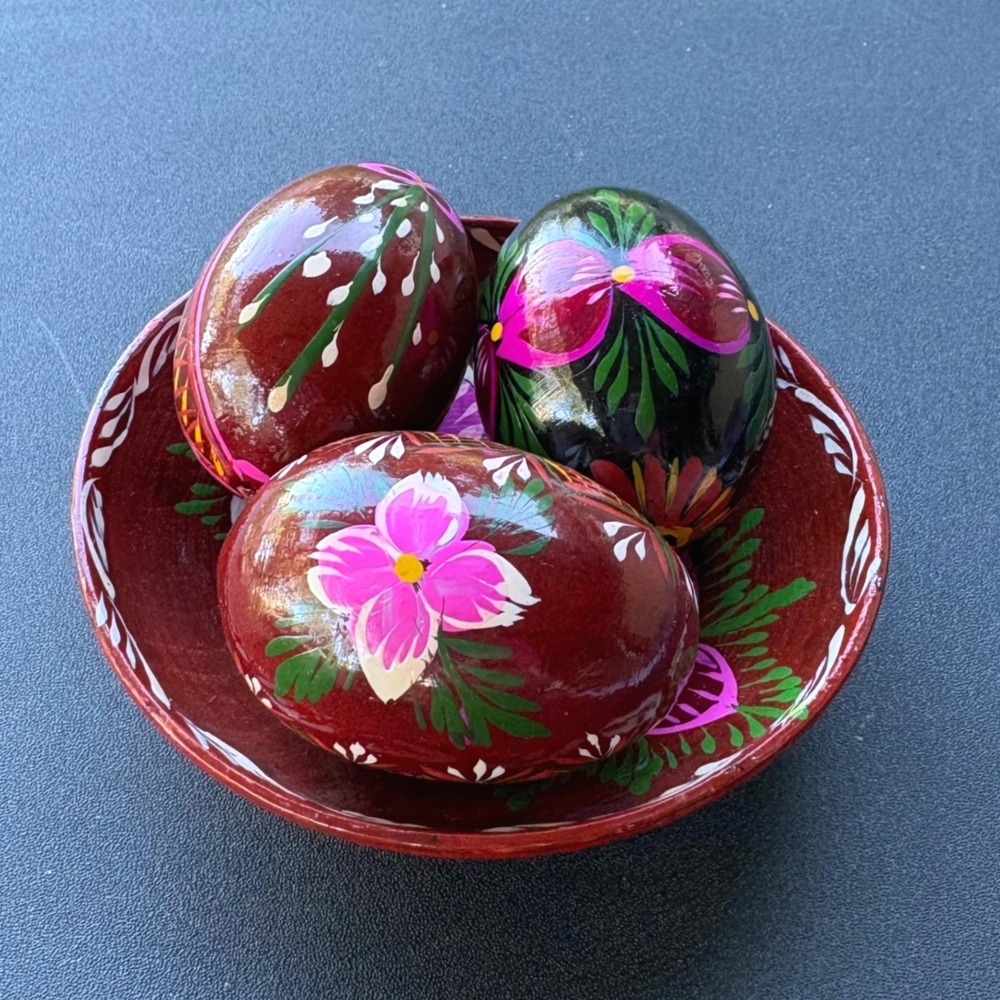 Vintage Hand Painted Wooden Easter Eggs and Bowl Set Floral Folk Art 4 Piece